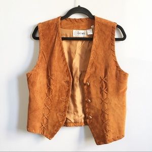 VINTAGE 1970s Suede Leather Vest M Cognac Boho